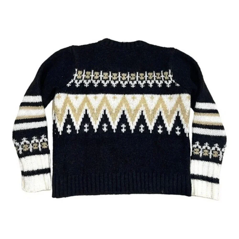 RD Style Women's Small Fair Isle Knit Wool Sweater Nordic Black Cream Geometric